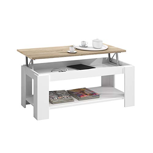 Habitdesign Mesa de Centro con revistero Incorporado, 102x50x43/54 cm (Blanco Artik - Roble Canadian) Habitdesign Mesa de Centro con revistero Incorporado, 102x50x43/54 cm (Blanco Artik - Roble Canadian)