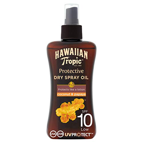 Hawaiian Tropic Protective Dry Spray Oil - Aceite Seco Bronceador con Protección Baja SPF 10, Fragancia de Coco y Papaya, 200 ml