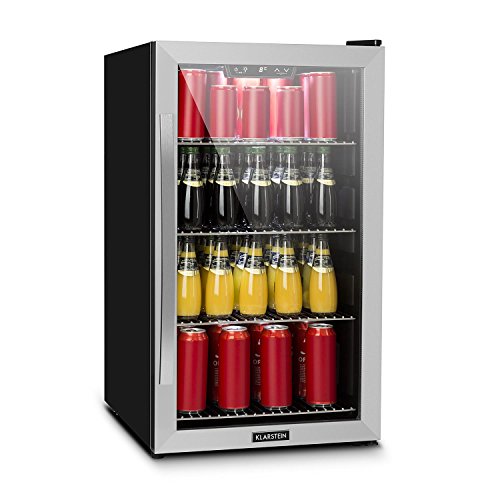 Klarstein Beersafe 4XL - Minibar, Nevera pequeña para bebidas, Nevera de bebidas, A+, 124L de volumen, Funcionamiento silencioso, Puerta de cristal, 48x85x46 cm, Iluminación LED, Plateado