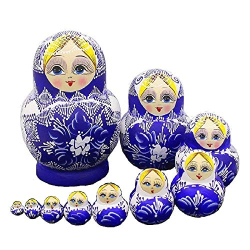 KNDJSPR 10 Piezas de muñecas Rusas de Madera Matryoshka Toys, Azul, Puro Pintado a Mano, eucalipto, decoloración, sin Olor, Adecuado para el hogar