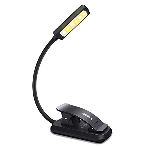 Luz de Lectura OMERIL Luz de Libro Recargable, 6 LED con 3 Modos de Brillo (Luz Cálido y Blanco), 360 ° Flexible Lampara de Lectura Pinza para Lectores Noche, E-Reader, Estudio, Cama, Tablet