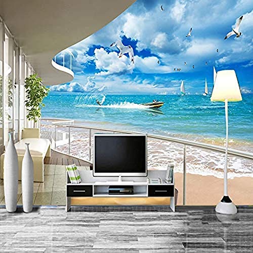 Mural 3D personalizado Balcón moderno mediterráneo Mar Cielo azul Mural Sofá Sala de estar Fondo Decoración Imágenes Papel pintado Rollo (W) 500x (H) 320cm- (W) 250x (H) 175cm