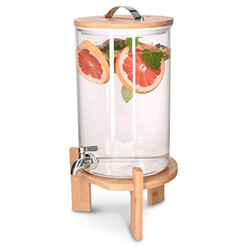 Navaris Dispensador de Bebidas de Cristal - con Capacidad para 7 litros y Grifo - con Soporte y Tapa de Madera para Bebidas Calientes o frías