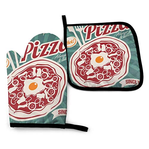 Pamela Hill Letreros de Metal Retro Manoplas y agarraderas para Horno Retro Pizzeria - Juego de Cocina con Guantes de algodón Resistentes al Calor