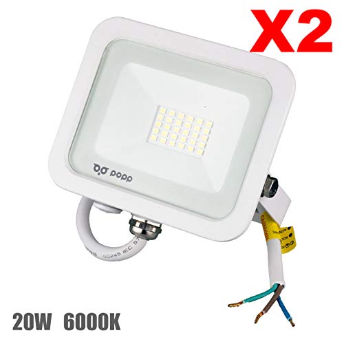 POPP® Foco Proyector LED 20W para uso Exterior Iluminación Decoración 6000K luz fria Impermeable IP65 Blanco transparente y Resistente al agua.PACK x2 (20)