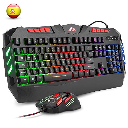 Rii RK900+ Teclado Gaming con sensibilidad mecánica Completo,Combo de Teclado y ratón con Cable,Diseño Gaming Multicolor retroiluminado,Especial para Gamers.