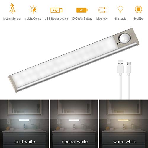 SOAIY 80LED Luz Armario Led Sensor Recargable 22CM 300LM 1500mAh, Luz Led Cocina con Sensor Movimiento 20s / 40s / 60s 4 Modos 3 Colores para Armario, Cocina, Pasillo, Escalera