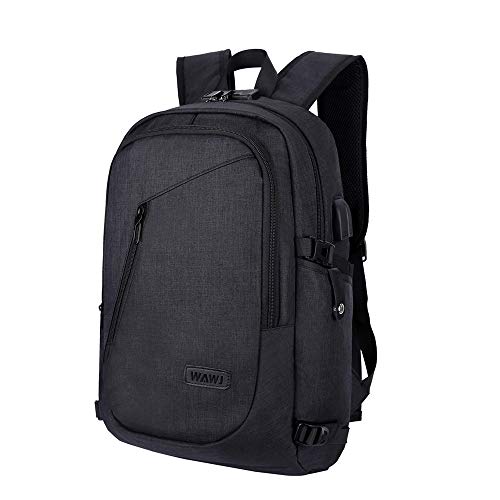 WAWJ Mochila antirrobo Impermeable, Mochila para portátil Multiusos Daypacks con Puerto de Carga USB (Negro)