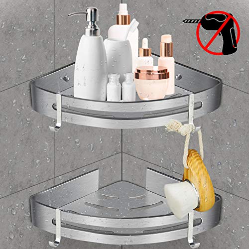 WOSTOO Estantería de Esquina para Baño,Estantería Ducha sin Perforaciones Aluminio Estanteria Baño Ducha con 2 Ganchos Accesorios de Baño y Cocina -2 piezas WOSTOO Estantería de Esquina para Baño,Estantería Ducha sin Perforaciones Aluminio Estanteria Baño Ducha con 2 Ganchos Accesorios de Baño y Cocina -2 piezas
