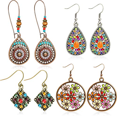 4 Pares Bohemio Pendientes Colgantes de la Vendimia Pendientes de Diamantes de Imitación Retro Boho Cuelgan Los Pendientes de Gota para Mujeres Niñas (Estilo A)