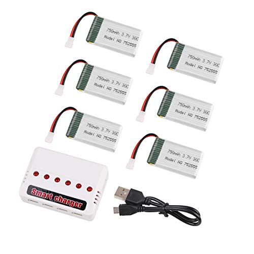 6pcs 1S 3.7V 750mAh Lipo batería 30C con Cargador 6 en 1 Carga rápida Inteligente para Syma X5A X5SW X5C X5C-1 RC Quadcopter Drone Repuestos