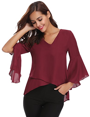Abollria Camisa de Gasa para Mujer 3/4 Mangas Elegante Blusa Chiffon Cuello V Ligera Mangas Acampanadas Primavera Verano Otoño, Vino Rojo, XL Abollria Camisa de Gasa para Mujer 3/4 Mangas Elegante Blusa Chiffon Cuello V Ligera Mangas Acampanadas Primavera Verano Otoño, Vino Rojo, XL