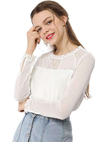 Allegra K Camisa De Gasa Top Panel Floral De Encaje Cuello Redondo Blusa Campesina Mangas Largas para Mujeres Blanco L