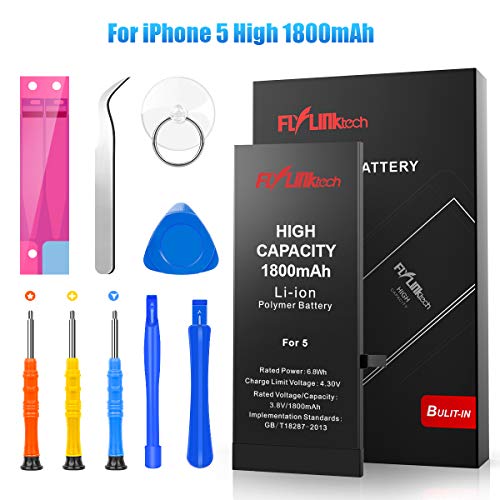 Batería para iPhone 5 1800mAH Reemplazo de Alta Capacidad, FLYLINKTECH Batería para iPhone 5 con 25% más de Capacidad Que la batería Original y con Kits de Herramientas de reparación Batería para iPhone 5 1800mAH Reemplazo de Alta Capacidad, FLYLINKTECH Batería para iPhone 5 con 25% más de Capacidad Que la batería Original y con Kits de Herramientas de reparación