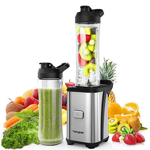 Batidora de Vaso individual, homgeek Licuadora Portatil 350W para Smoothies, Frutas y Verduras, Incluye 2 Botellas de 600 ml, Cuerpo de Acero Inoxidable, Operación con Solo Botón, Sin BPA, Plata