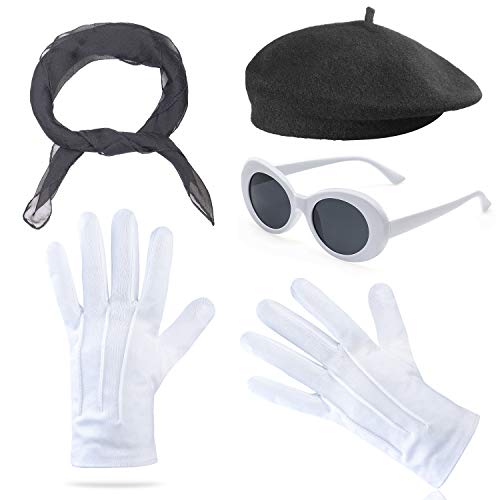 Beelittle Accesorios de Vestuario para Mujer Gorro francés de Boina, Bufanda de Gasa Transparente de los años 50, Guantes teatrales, Gafas de Sol Retro con Lentes Retro ovalados (Negro)