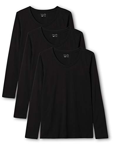 Berydale Camiseta de manga larga de mujer con cuello redondo, pack de 3, Negro, M