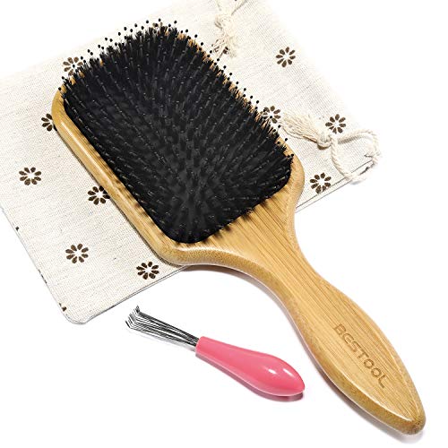 BESTOOL Jabalí de cerdas de madera de bambú masaje peine,nudo no electrostática comodo y durable gran Paddle hairbrush con bolsa de gas (Negro) (plaza)