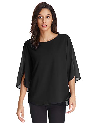 Camisas de Mujer Tops Camisa de Gasa Mangas Blusas Blusas Elegantes Mangas 3/4 Negro M CLAF15-3