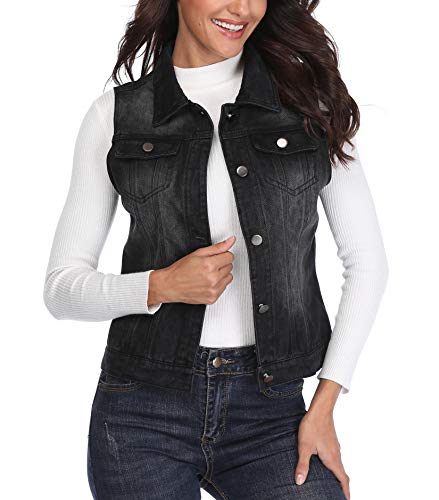 Chaqueta Mezclilla de Mujer Chaleco Jean Negro Bolsillos Occidentales con Botones de Pecho Abotonado Collar sin Mangas - XS Chaqueta Mezclilla de Mujer Chaleco Jean Negro Bolsillos Occidentales con Botones de Pecho Abotonado Collar sin Mangas - XS