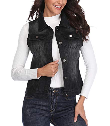 Chaqueta Mezclilla de Mujer Chaleco Jean Negro Bolsillos Occidentales con Botones de Pecho Abotonado Collar sin Mangas - XS