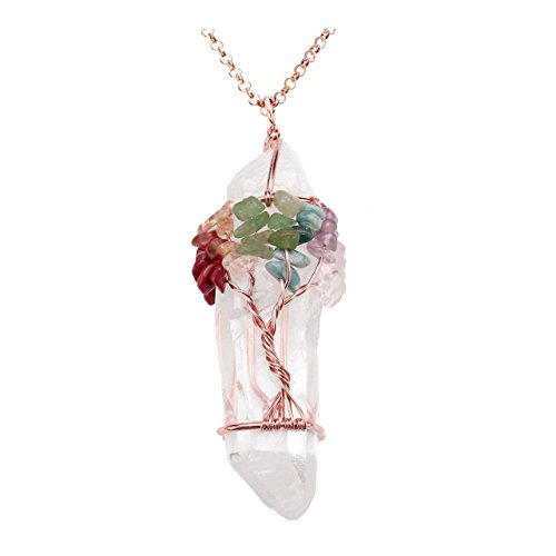 Collar con colgante de 7 chakras con piedra amatista de cristal transparente envuelto en alambre con piedras de cuarzo de Jovivi Collar con colgante de 7 chakras con piedra amatista de cristal transparente envuelto en alambre con piedras de cuarzo de Jovivi