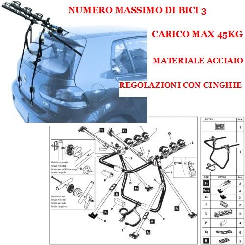 Compatible con BMW Serie 3 Touring 5p (95-02) Soporte para Coche Trasero para 3 Bicicletas Soporte para Bicicleta DE Acero para Bonnet Trasero para 3 CICLOS con AJUSTES DE Correa