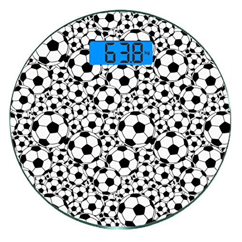 Escala digital de peso corporal de precisión Ronda Fútbol Báscula de baño de vidrio templado ultra delgado Mediciones de peso precisas,Patrón de diseño monocromo de balones de fútbol clásico Patrón de