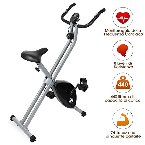 EVOLAND Bicicleta Estática Plegable, Bicicleta Estática de Fitness 8 Niveles de Resistencia Magnética con Monitor Rítmo Cardíaco para Ejercicio Entrenamiento en Casa, MAX hasta 200 kg