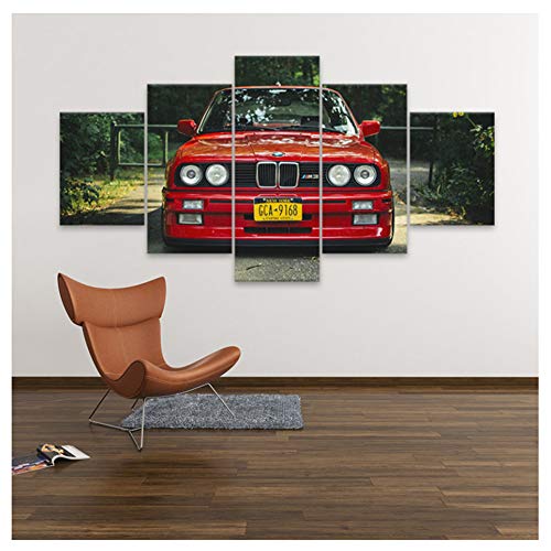 GIRDSS Cartel Impreso en Lienzo Decoración para el hogar 5 Piezas HD Retro BMW M3 Rojo Sport Car Paintings Wall Art Pictures -30x40 30x60 30x80cm sin Marco