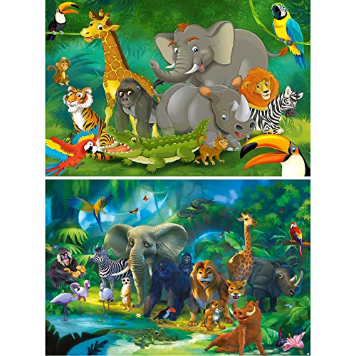 GREAT ART Juego de 2 carteles XXL habitación niños - animales de la selva - cada uno ilustración selva aventura elefante mono león cartel fotográfico mural cómico (140 x 100 cm)