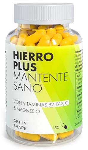 HIERRO PLUS - 180 capsulas de suplemento hierro con vitamina B12, vitamina C y magnesio – vegano – de Get in Shape