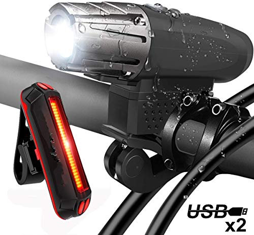 Juego de luces de bicicleta, fuente de luz LED recargable USB, kit de combinación de faros delanteros y luces traseras de alto brillo a prueba de agua, adecuado para montar en bicicleta de noche