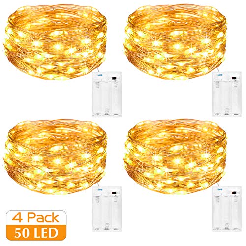 Kolpop Guirnalda Luces Pilas, Luces LED Pilas[4 PCS], Luces LED Habitacion 5m 50 LED Luces de Cadena Micro con Pilas de Alambre de Cobre para Decoración Interior Bodas Fiesta de Navidad