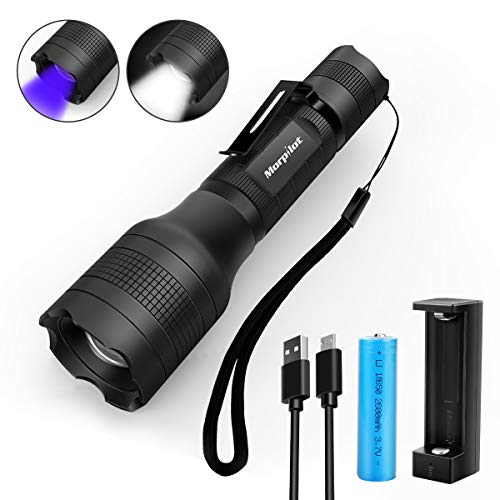 Linterna recargable Morpilot 2 EN 1 UV y LED Linterna Táctica con clip de bolsillo, 500 lúmenes y 4 modos de luz Linterna Zoom OUT/IN Impermeable IPX 4 (batería y cargador incluidos)