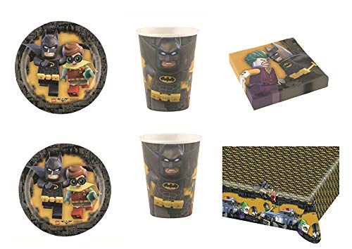 Lote de Cubiertos Infantiles"Batman" (16 Vasos, 16 Platos, 20 Servilletas y 1 Mantel.Vajillas y Complementos. Juguetes para Fiestas de Cumpleaños, Bodas, Bautizos y Comuniones.