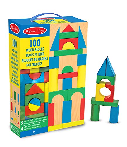 Melissa & Doug Piece Wood Blocks Set Bloques de Madera 100 Piezas, Color Azul, Verde, Rojo, Amarillo (10481)