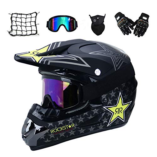 MRDEAR Casco Descenso Hombre, Negro/Rockstar - Adulto Casco Motocross Enduro MTB con Gafas/Máscara/Guantes/Red Elástica, Casco Cross Quad Off Road ATV Scooter,M