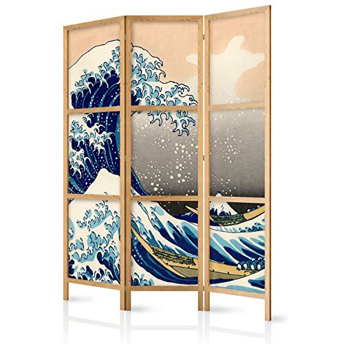 murando - Biombo Kanagawa 135x171 cm - 3 Paneles Lienzo de Tejido no Tejido Tela sintética Separador Madera Design de Moda Hecho a Mano Deco Home Office Japón p-B-0025-z-b