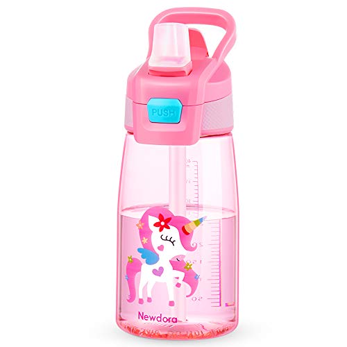 Newdora Botella de Agua para Niño, 480ml Botella a prueba de Fugas, Botella Agua con Pajitas, sin BPA, Dibujos de Unicornio, Rosa