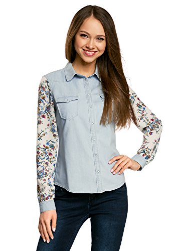 oodji Ultra Mujer Camisa Vaquera Combinada, Azul, ES 38 / S