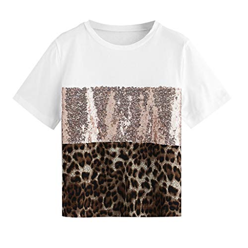 OPAKY Moda para Mujer Patchwork Estampado de Leopardo Manga de Lentejuelas Camiseta Blusa Informal Camiseta Mangas de Corto para Mujer con Lentejuelas Doble Cara Holgada con Brillo para Mujer OPAKY Moda para Mujer Patchwork Estampado de Leopardo Manga de Lentejuelas Camiseta Blusa Informal Camiseta Mangas de Corto para Mujer con Lentejuelas Doble Cara Holgada con Brillo para Mujer
