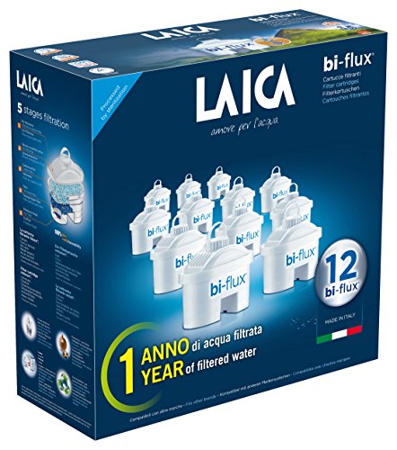 Pack de 12 filtros bi-flux que mejoran el sabor del agua, reducen la cal y el cloro, compatibles con las jarras Laica y Brita entre otras. Cada filtro dura 150 litros o 1 mes. Pack de 12 filtros bi-flux que mejoran el sabor del agua, reducen la cal y el cloro, compatibles con las jarras Laica y Brita entre otras. Cada filtro dura 150 litros o 1 mes.