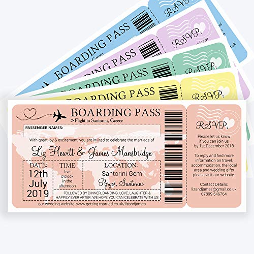 Personalizado de embarque/billete destino invitaciones de boda con sobres (Pack de 20)