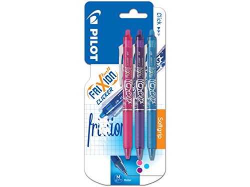 Pilot FriXion Clicker - Bolígrafo roller de gel de tinta borrable (3 unidades), color rosa, morado y azul