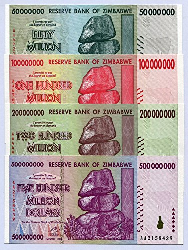 RBZ Collectibles Zimbabwe 50 100 200 500 Millones de dólares 2008 P79-P82 UNC Billetes de Moneda ...