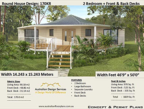 Round home house plans Living 970 sq feet or 90 m2 | 2 Bedroom granny flat | small home design: Full Architectural Concept Home Plans includes detailed ... House Plans Book 170) (English Edition)