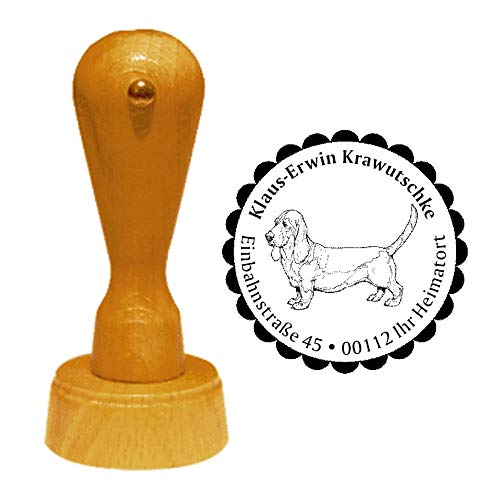 Sello Dirección de sello « Basset Hound 02 » Diámetro aprox. Diámetro 40 mm – con Personal, diseño de direcciones y borde Ornamentales – Familia de Raza de perro perro perro de caza