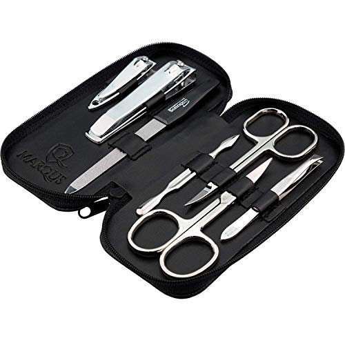 Set manicura de 7 piezas - Set de manicura y pedicura en estuche de piel, 2 tijeras, 2 cortaúñas, lima, retira-cutículas y pinza, para él y ella - set manicura hombre y mujere