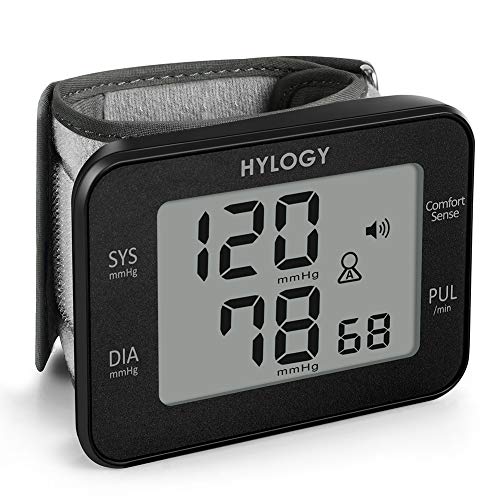 Tensiómetro de Muñeca, HYLOGY Monitor de Presión Digital Portátil Ultraplano con Anuncio de Voz, Gran Pantalla LCD con Memoria (2 * 90) Para 2 Usuarios, Detección de Pulso Irregular y De Movimiento